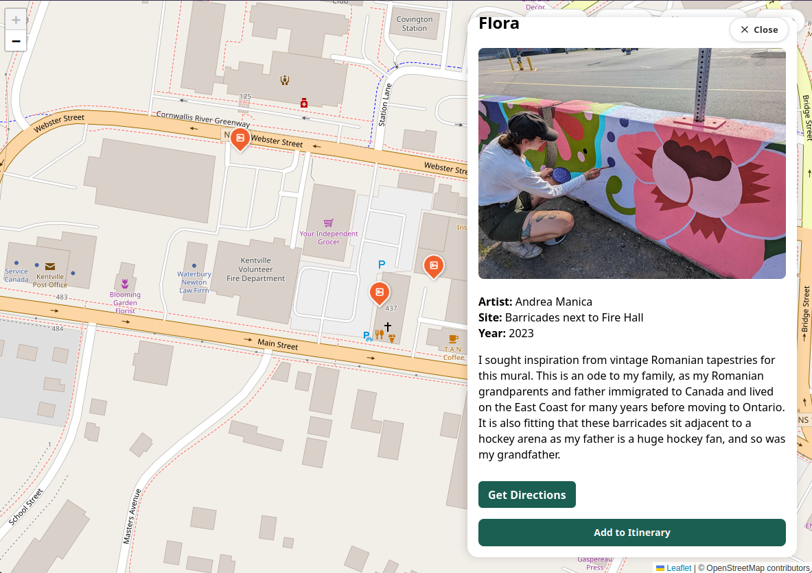 A mural's details open on the Kentville Mural Map, showing a photo, the artist's name, and the story behind the piece.